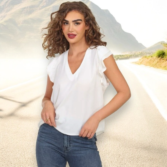 Fantastic Fawn Vanilla Smocked Flutter Sleeve V Neck Tee - Picture 3 of 14